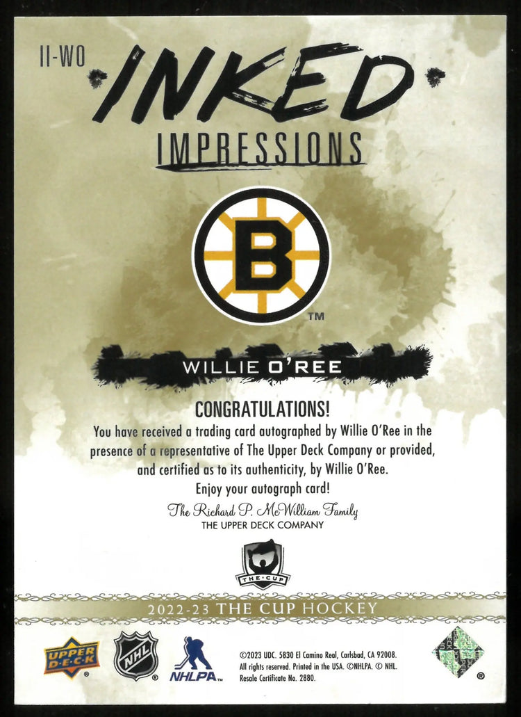 2022-23 Upper Deck The Cup Inked Impressions Auto Willie O'Ree /25 