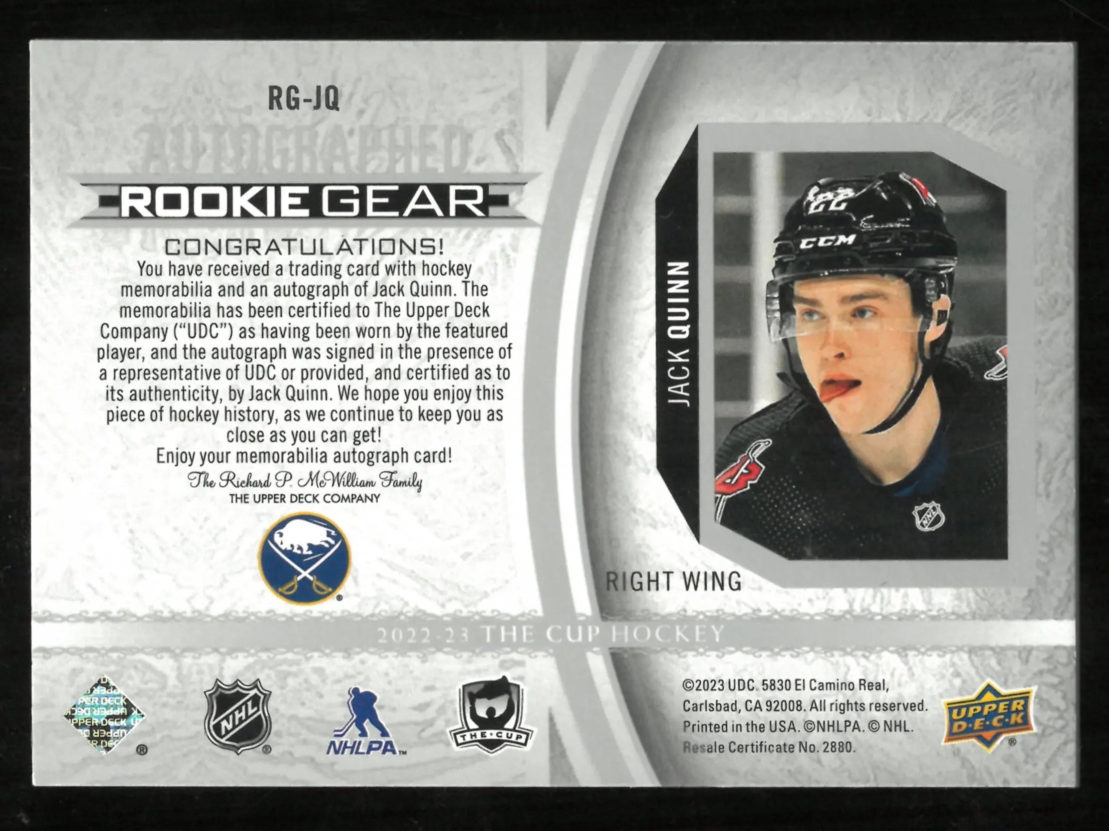 2022-23 Upper Deck The Cup Jack Quinn RC Rookie Autograph Jersey Patch /24 