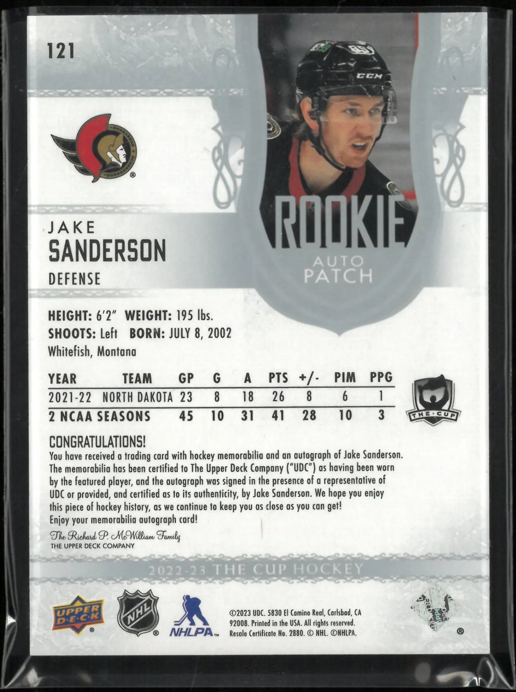 2022-23 Upper Deck The Cup Jake Sanderson Rookie Patch Auto /249 RC 