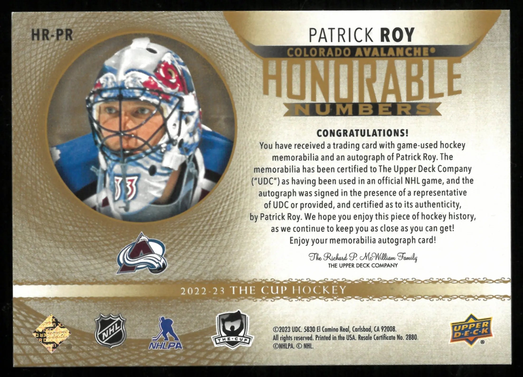 2022-23 Upper Deck The Cup Patrick Roy Honorable Numbers Patch Auto /40 
