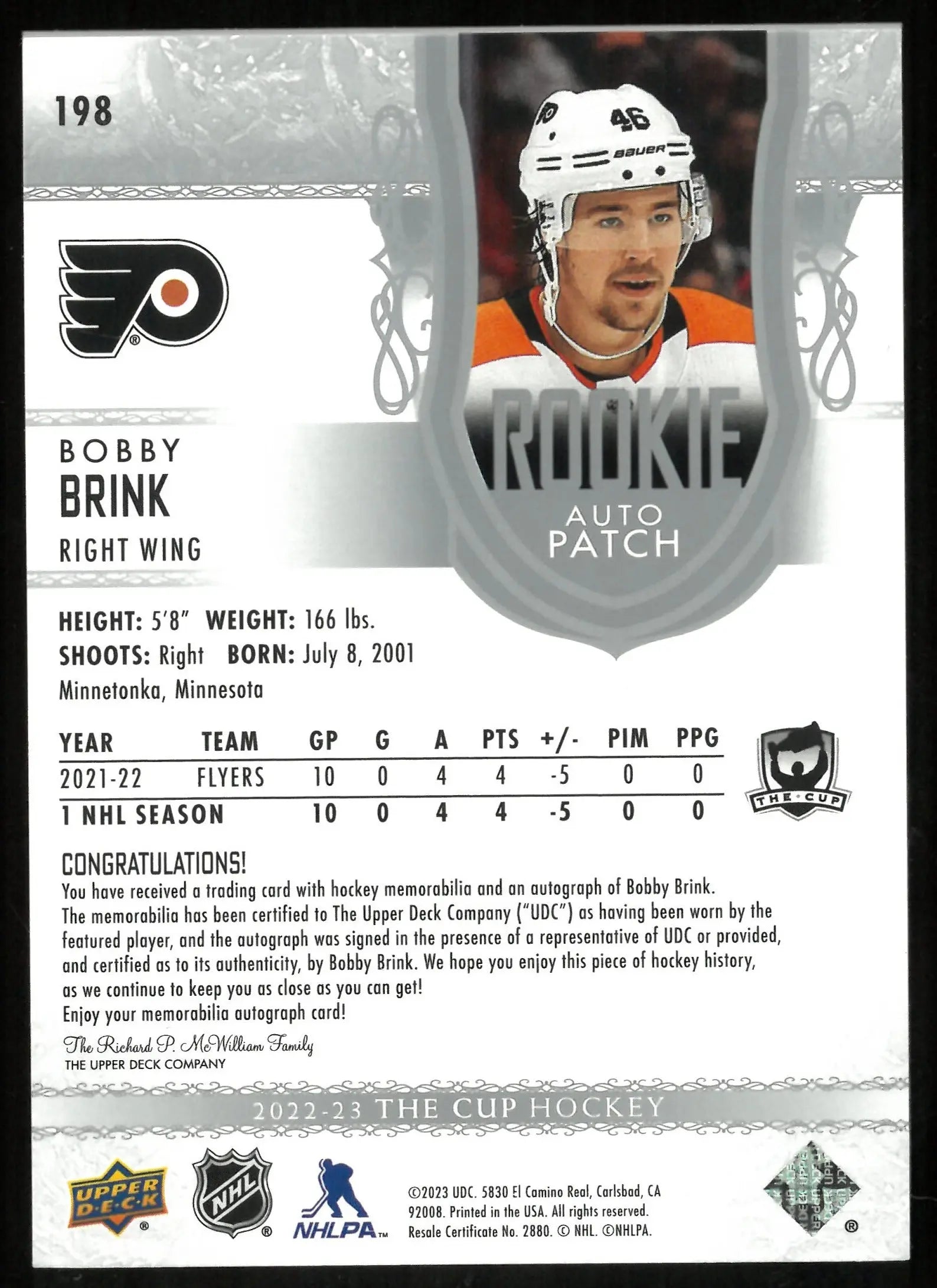 2022-23 Upper Deck The Cup Rookie Auto Patch Bobby Brink /249 