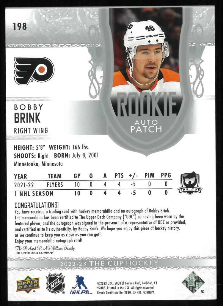 2022-23 Upper Deck The Cup Rookie Auto Patch Bobby Brink /249 