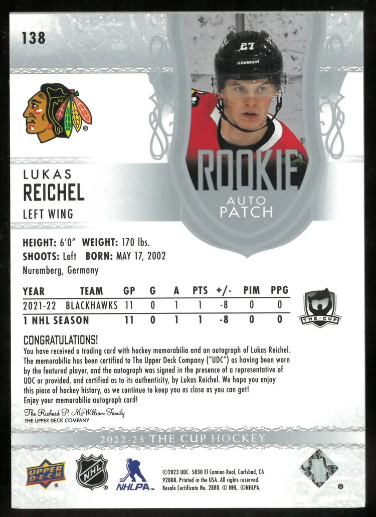 2022-23 Upper Deck The Cup Rookie Auto Patch Lukas Reichel /249 