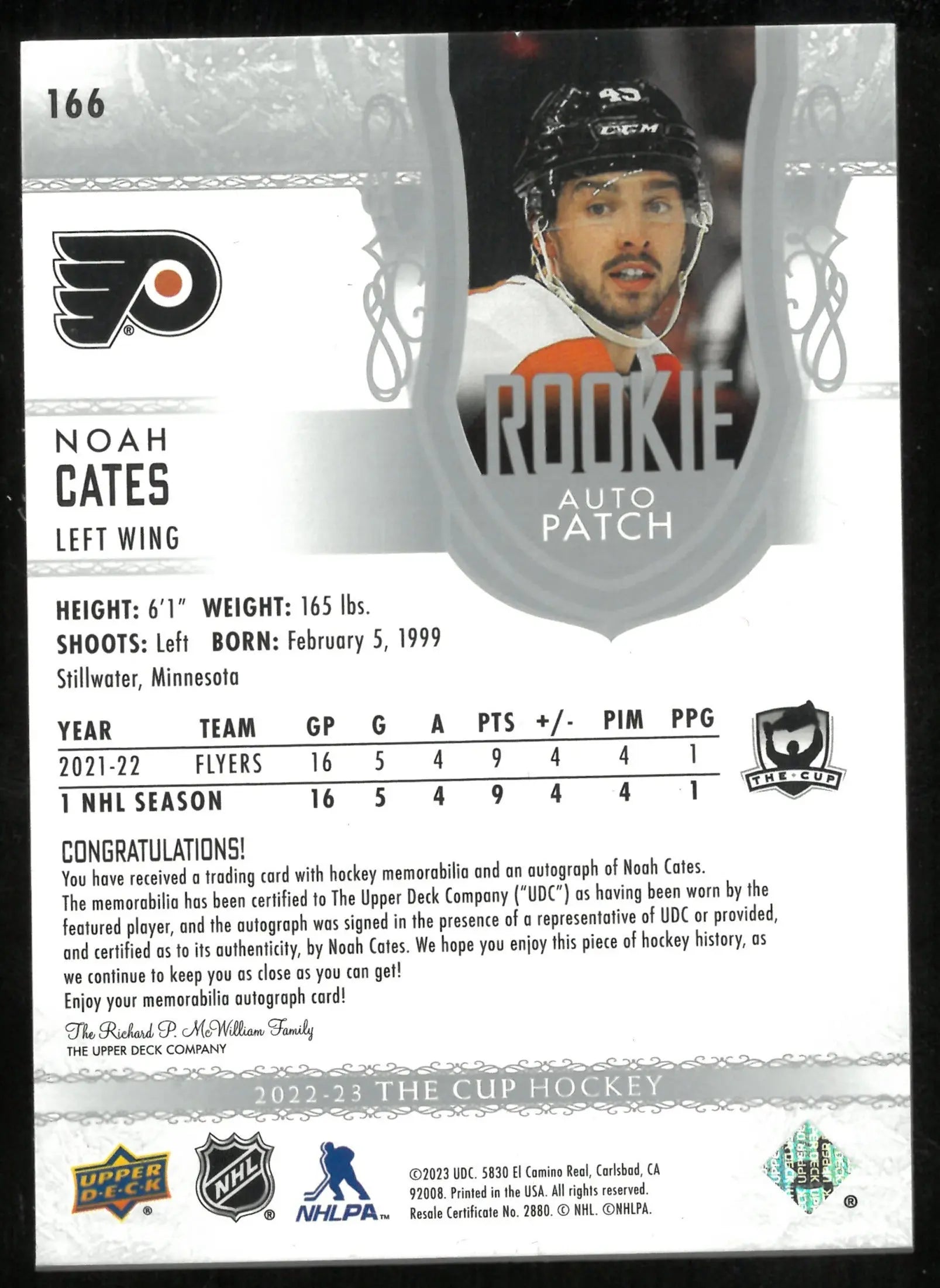 2022-23 Upper Deck The Cup Rookie Auto Patch Noah Cates /249 