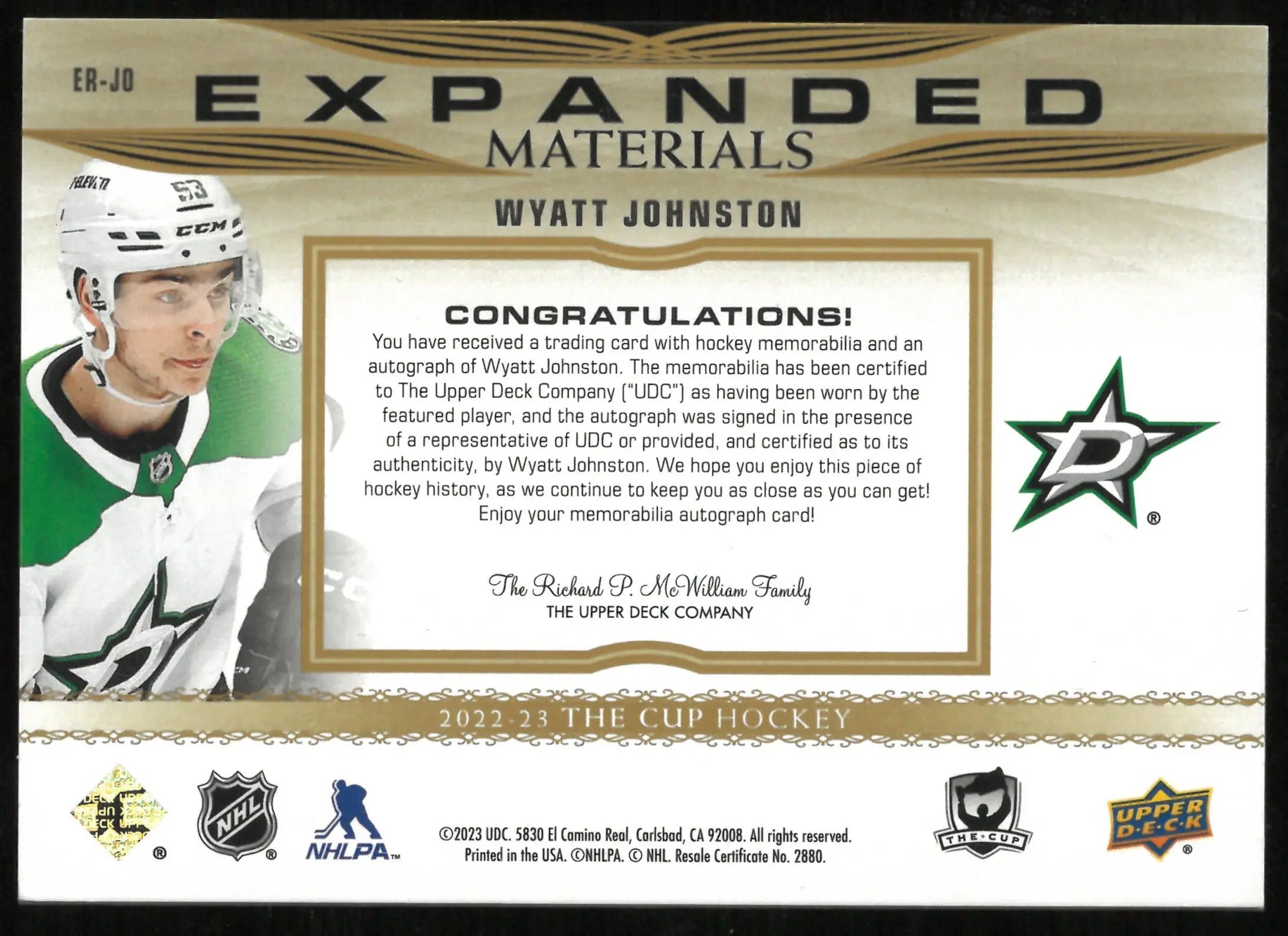 2022-23 Upper Deck The Cup Wyatt Johnston Expanded RC Patch Auto /49 