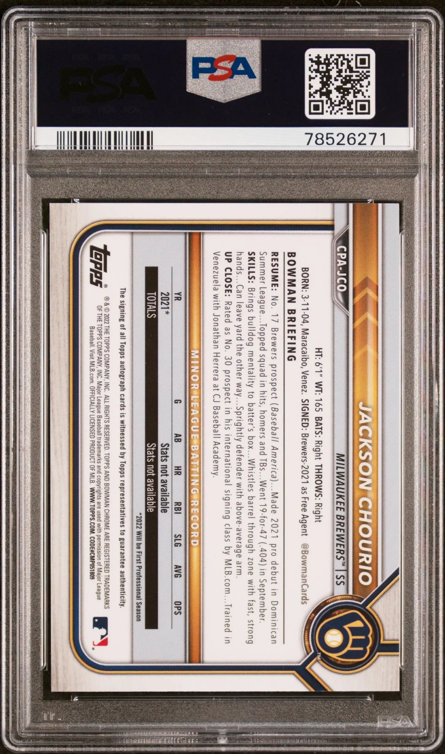 2022 Bowman 1st Chrome Prospect Autograph Jackson Chourio Auto PSA 10 