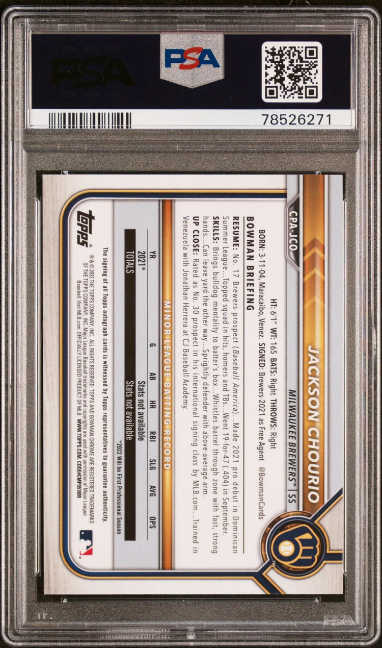 2022 Bowman 1st Chrome Prospect Autograph Jackson Chourio Auto PSA 10 