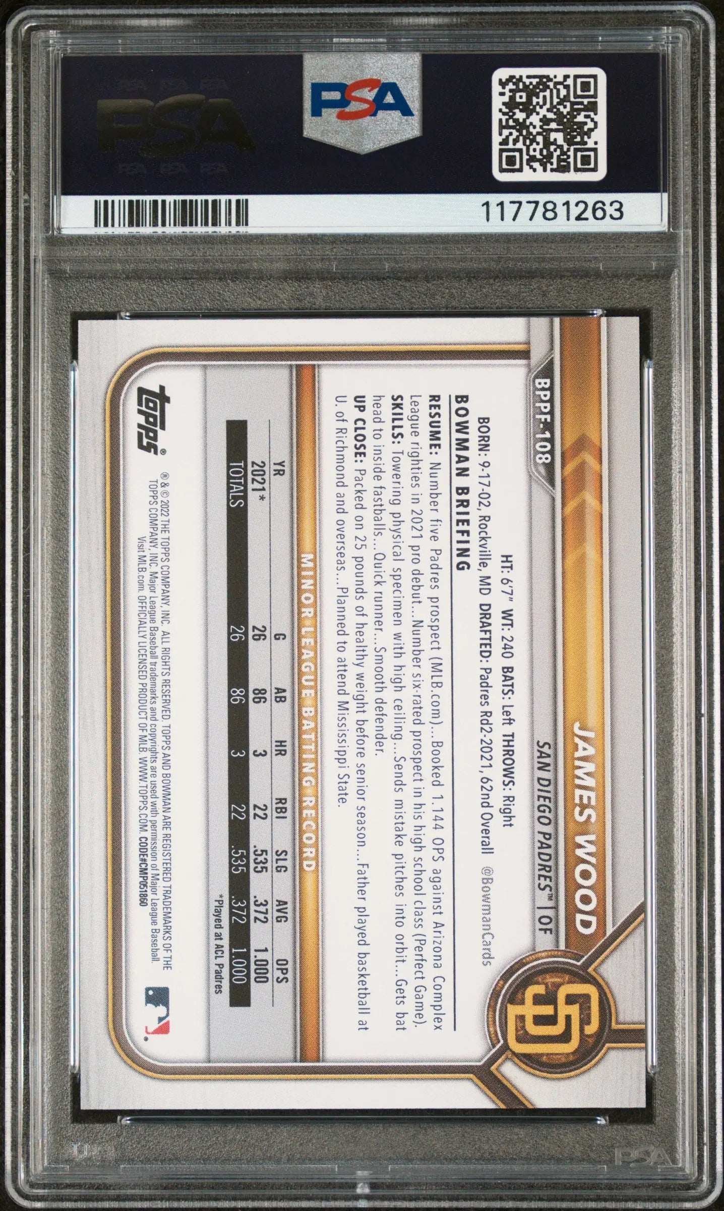 2022 Bowman 1st Edition James Wood #BPPF108 PSA 10 