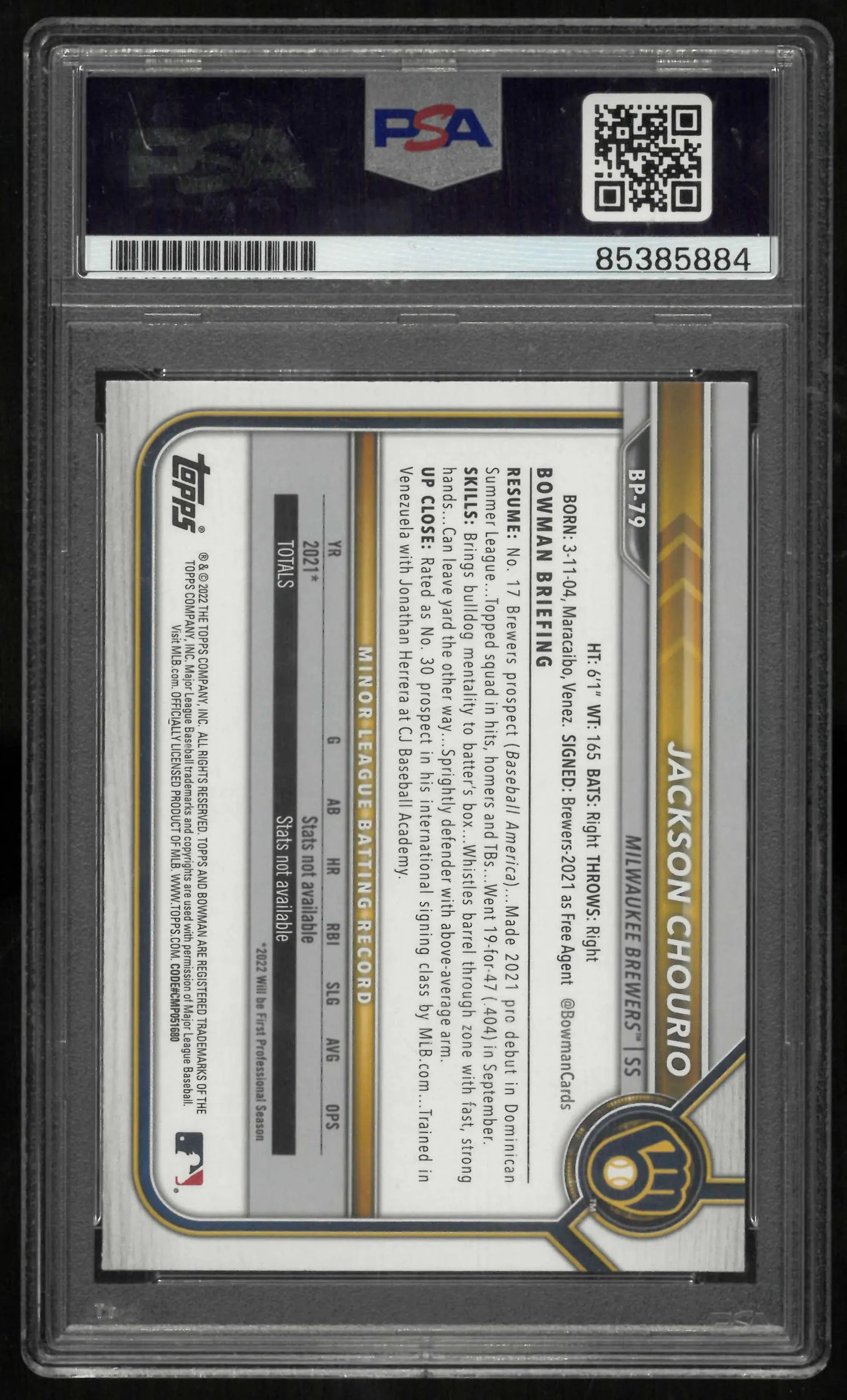 2022 Bowman Autograph Jackson Chourio Auto Grade 10 