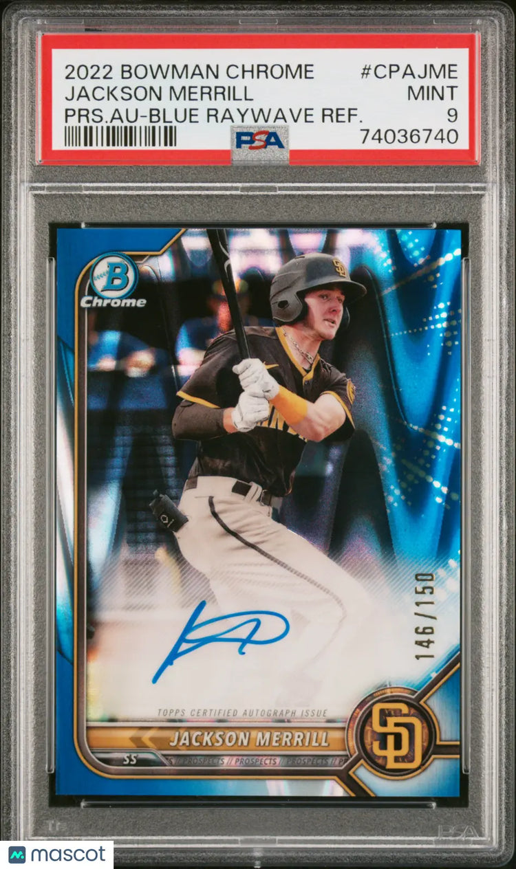 2022 Bowman Chrome Pros. Auto Jackson Merrill Blue Raywave Refractor /150 PSA 9 