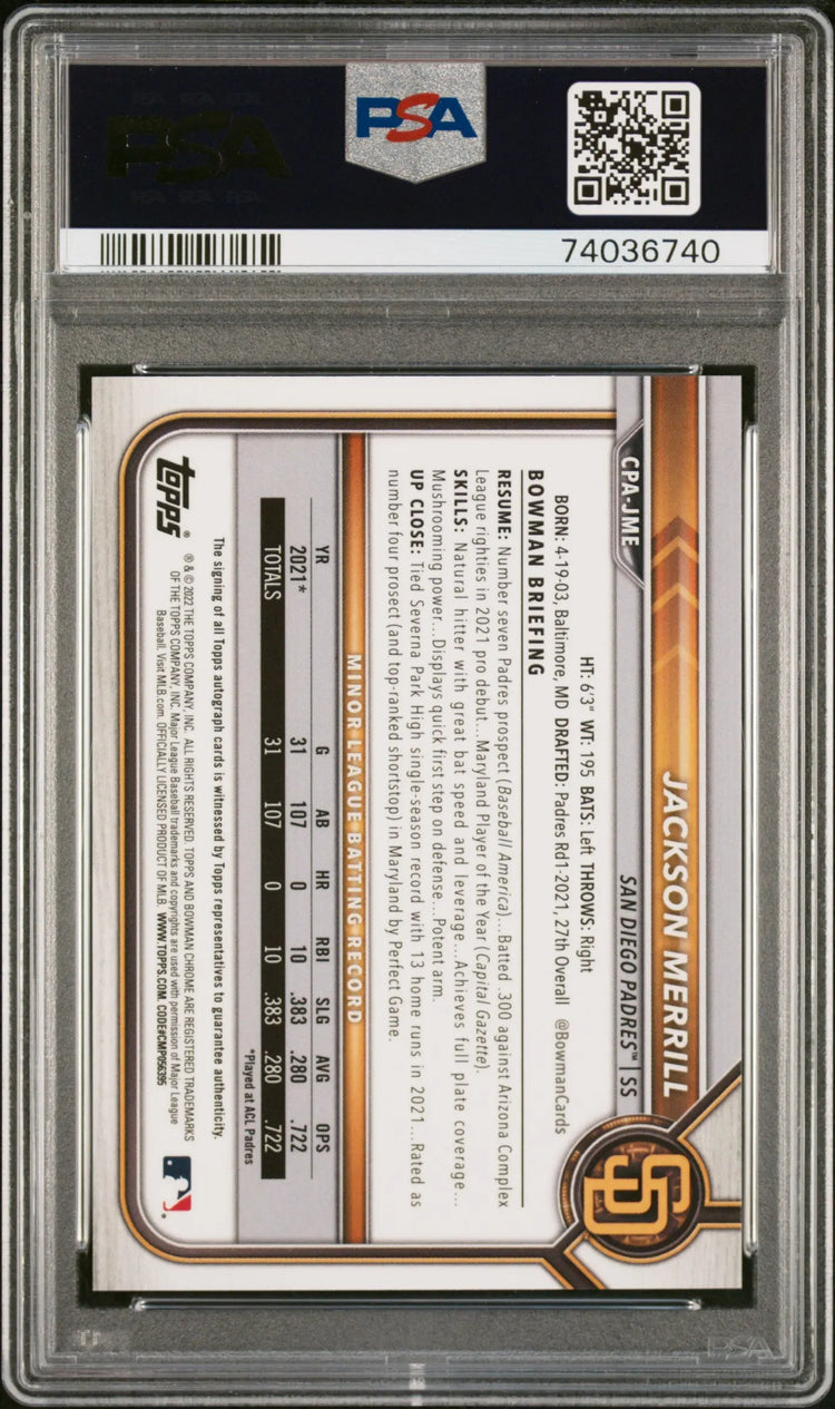 2022 Bowman Chrome Pros. Auto Jackson Merrill Blue Raywave Refractor /150 PSA 9 
