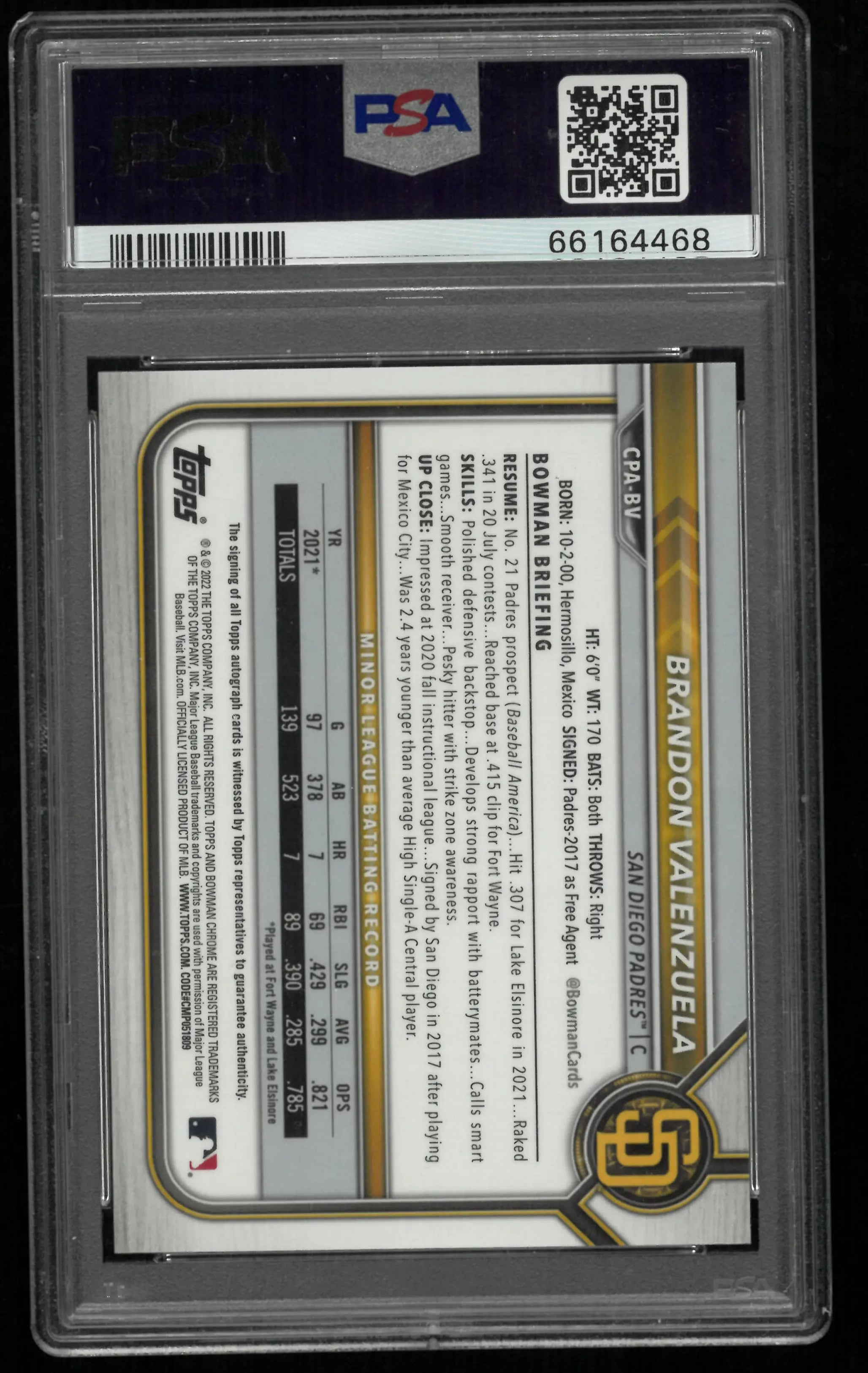2022 Bowman Chrome Prospect Autograph Brandon Valenzuela Auto Gold Ref/50 PSA 10 