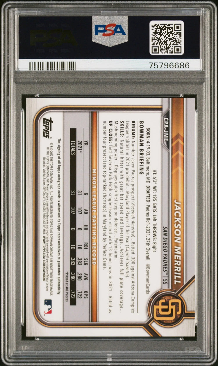2022 Bowman Chrome Prs. Auto Jackson Merrill RC Org Shimmer Refractor /25 PSA 10 