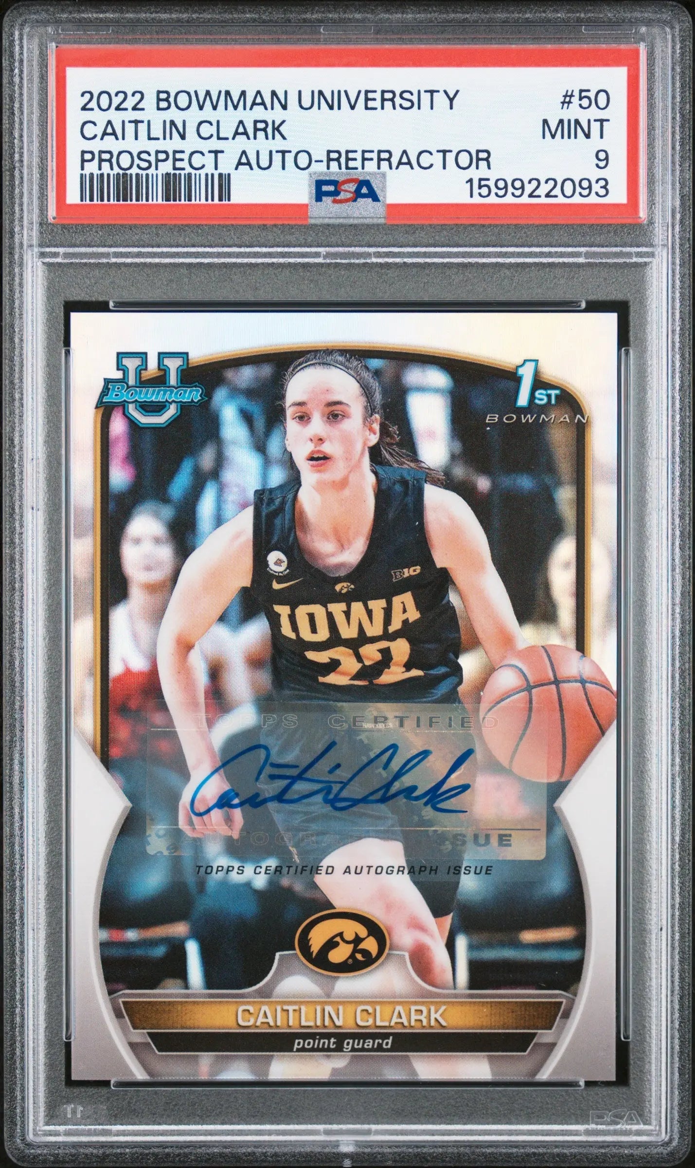 2022 Bowman Chrome University Autograph Caitlin Clark Prospect Auto /499 PSA 9 