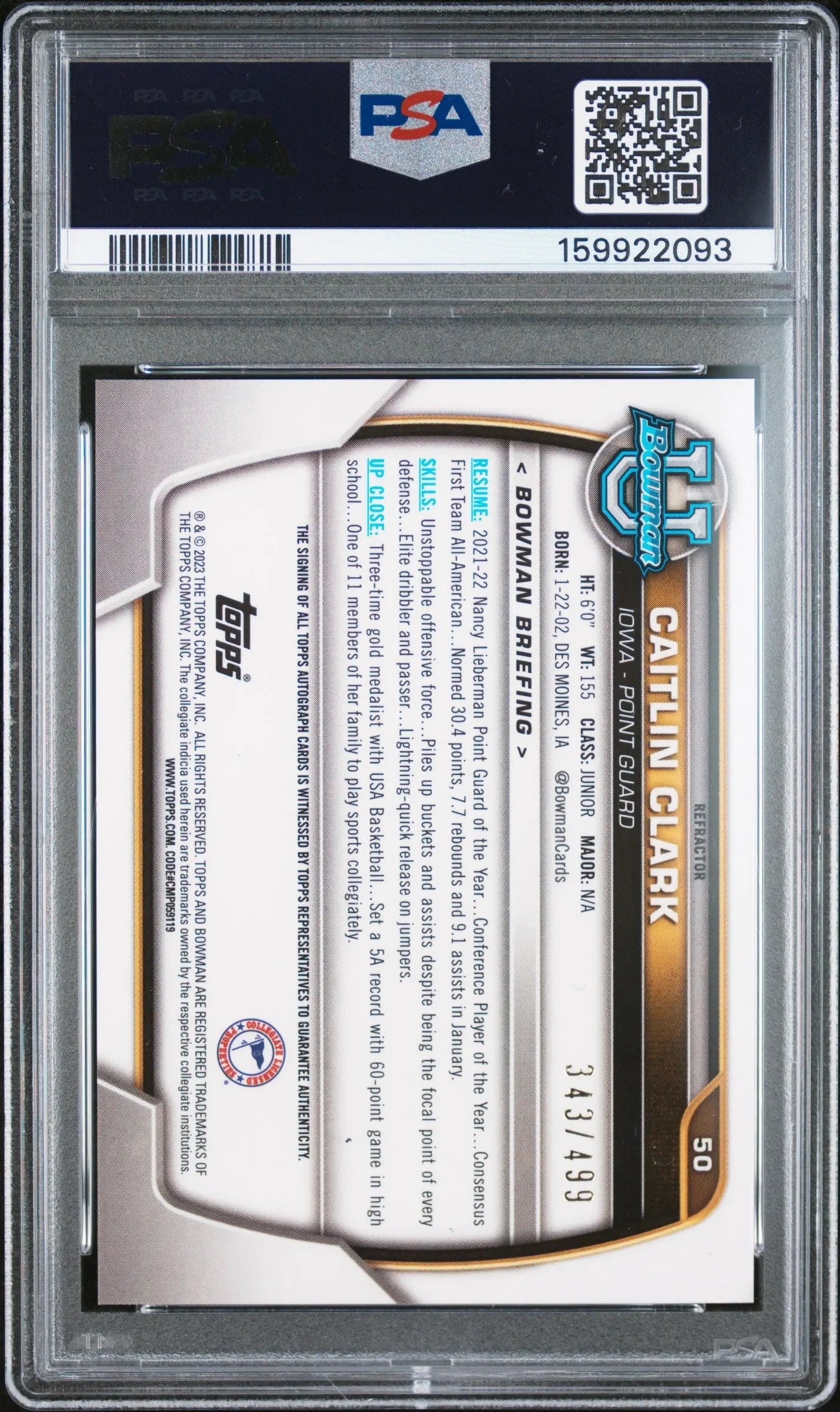 2022 Bowman Chrome University Autograph Caitlin Clark Prospect Auto /499 PSA 9 