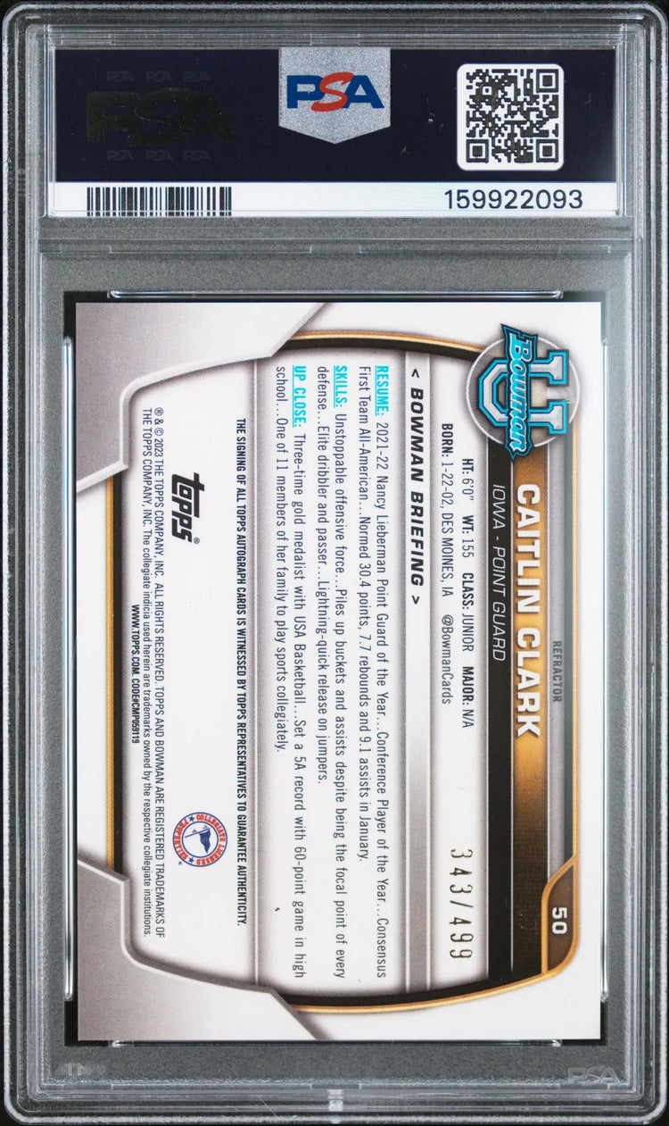 2022 Bowman Chrome University Autograph Caitlin Clark Prospect Auto /499 PSA 9 