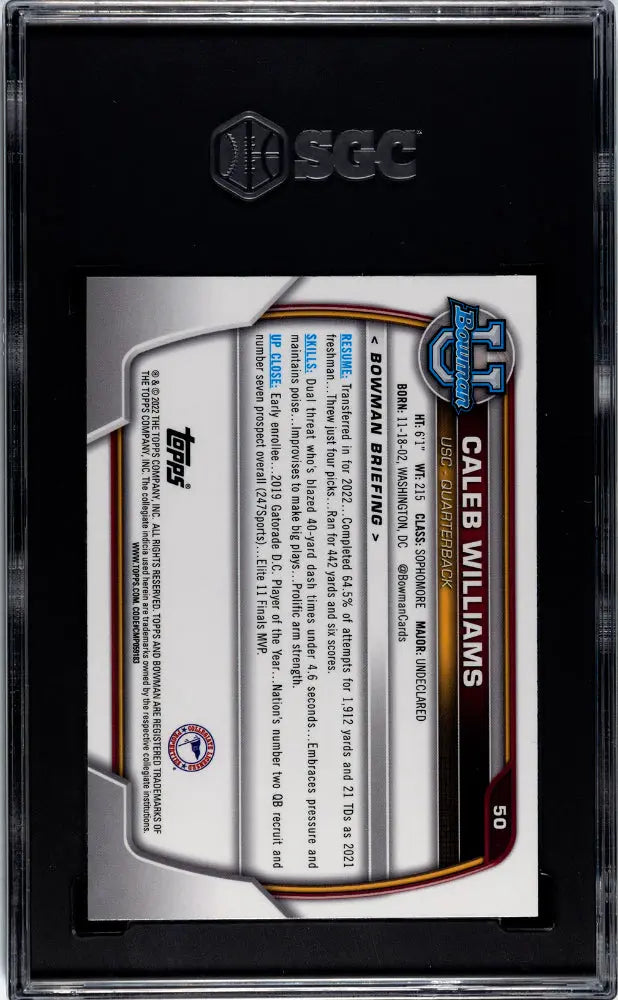 2022 Bowman University Chrome Caleb Williams #50 Pink Refractor SGC 10 