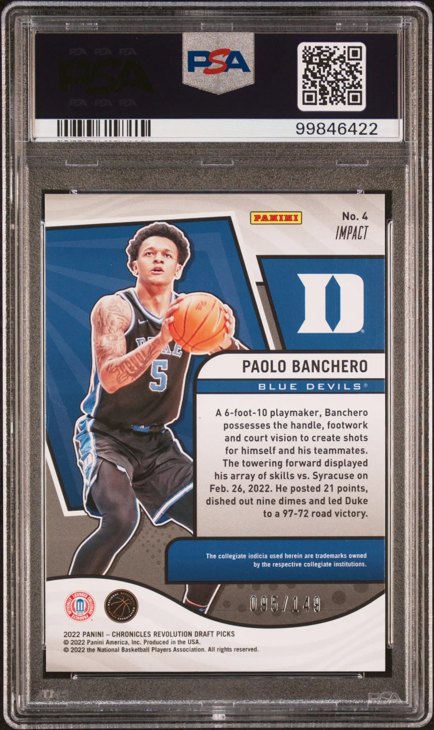 2022 Chronicles Draft Picks Revolution Paolo Banchero RC Impact PSA 10 /149 