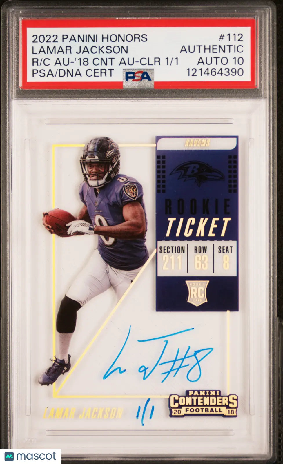 2022 Contenders Football Lamar Jackson RC Ticket Auto  Clear PSA A Auto 10 1/1 