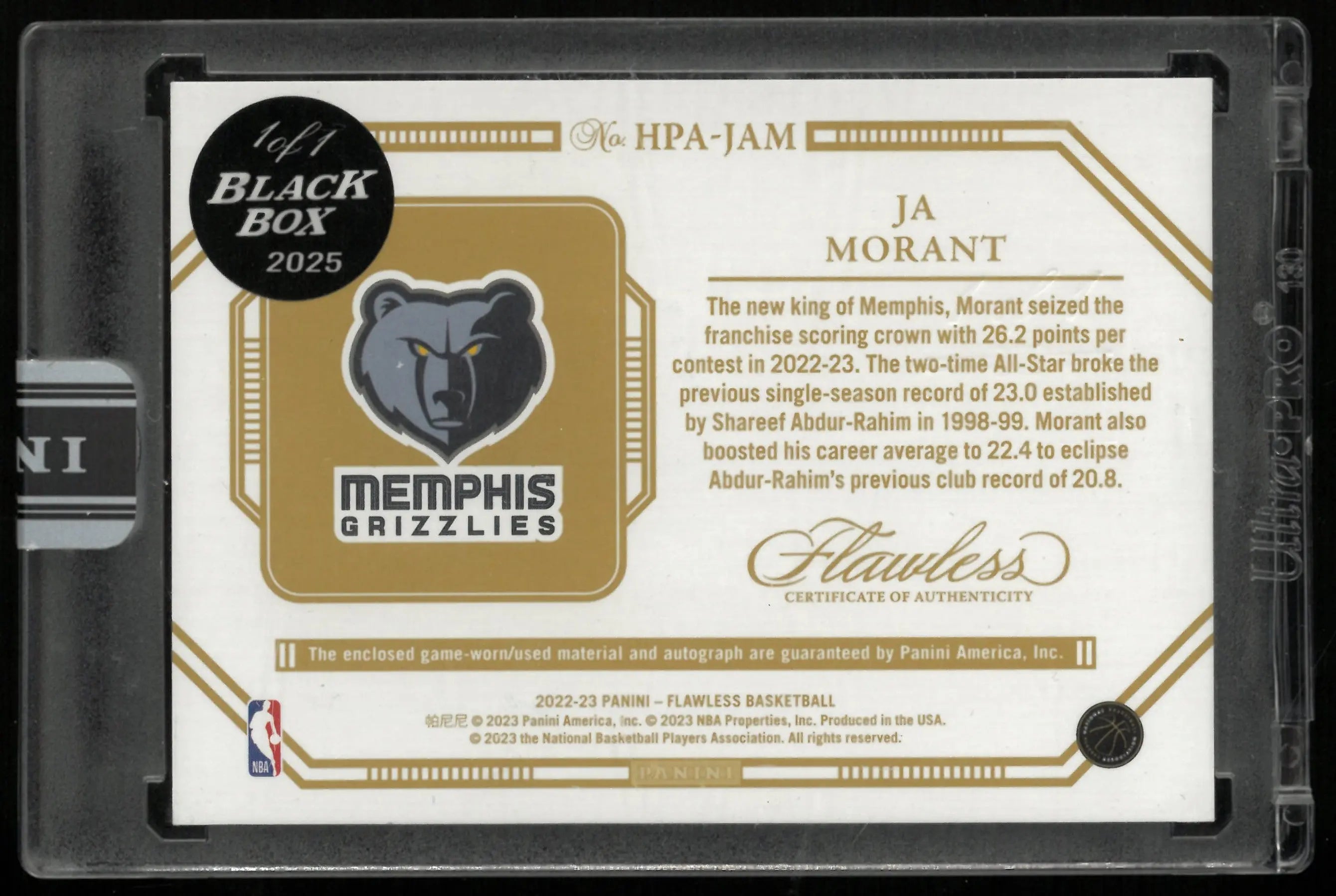 2022 Flawless Basketball Ja Morant Emerald Foil Patch Auto Black Box 1/1 