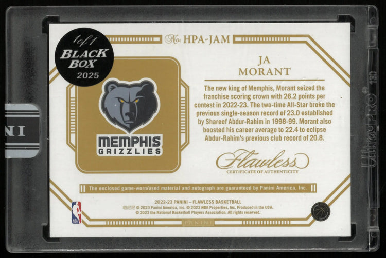 2022 Flawless Basketball Ja Morant Emerald Foil Patch Auto Black Box 1/1 