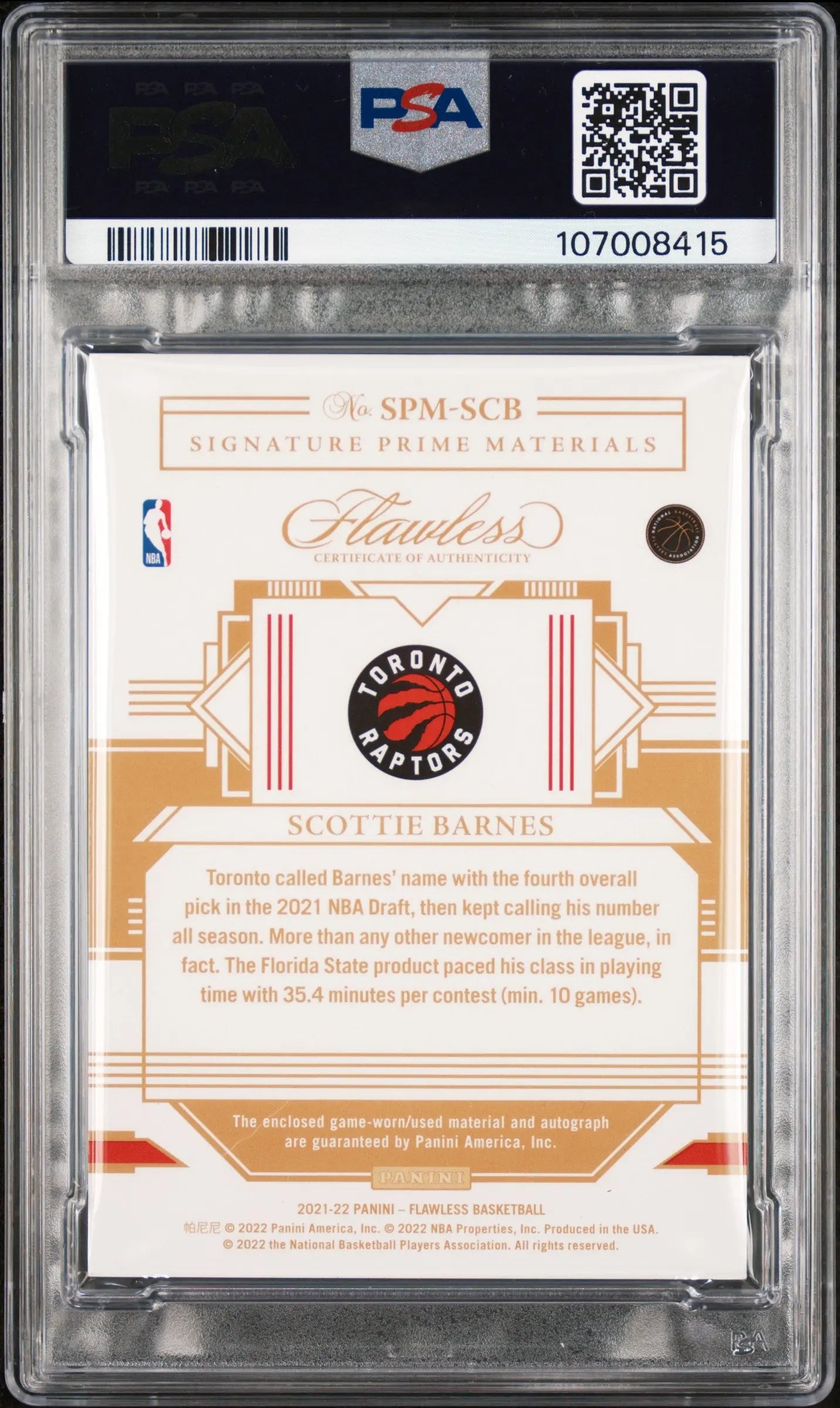 2022 Flawless Update Scottie Barnes Auto Prime Patch 1/25 PSA Authentic Auto 10 