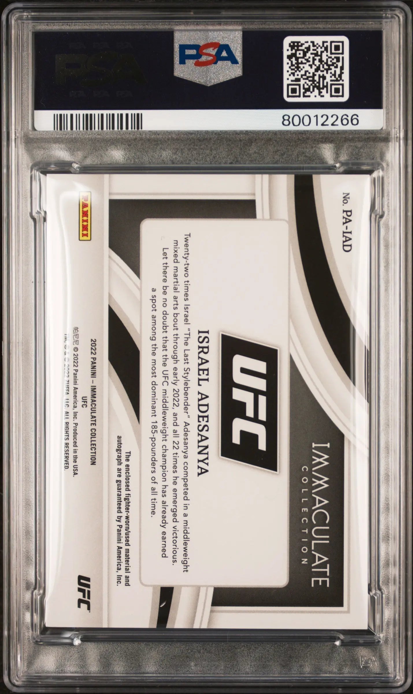 2022 Immaculate UFC Premium Memorabilia Autographs Israel Adesanya /49 PSA 9 