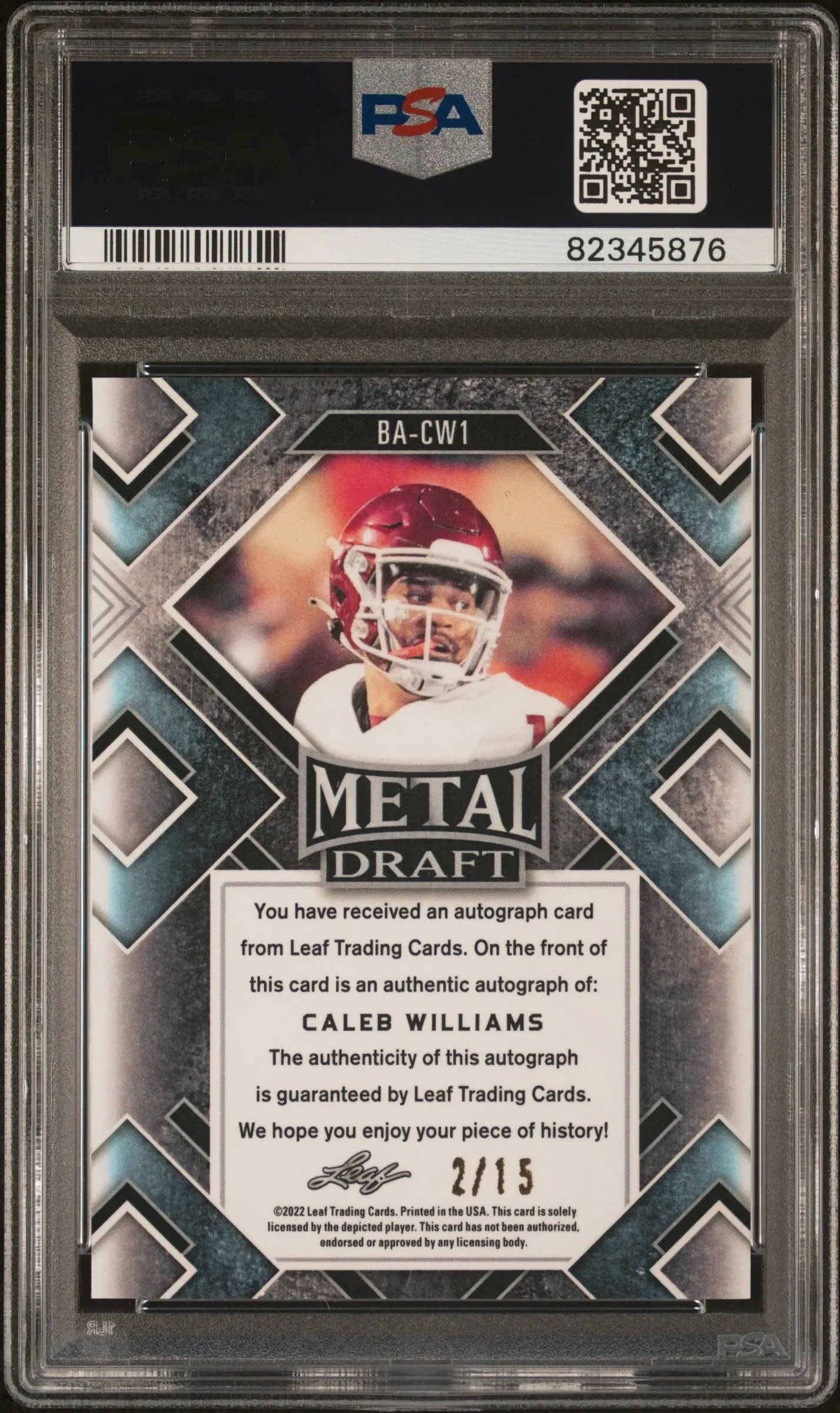 2022 Leaf Metal Football Draft Auto Caleb Williams RC Black Prismatic PSA 10 /15 