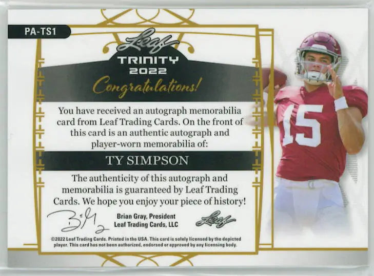 2022 Leaf Trinity Autograph Patch Ty Simpson Auto Green /25 