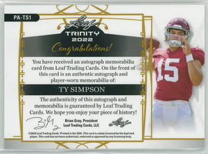 2022 Leaf Trinity Autograph Patch Ty Simpson Auto Green /25 