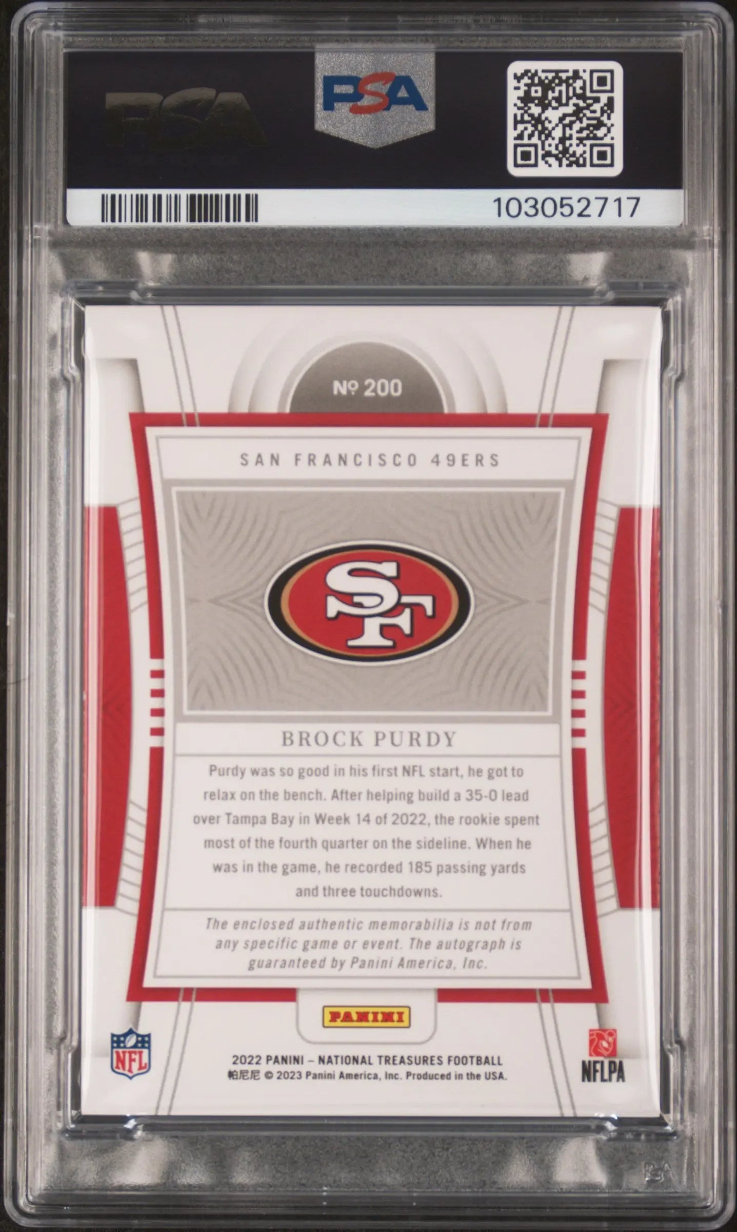 2022 National Treasures Brock Purdy RC Patch Autograph Purple /49 PSA 9 