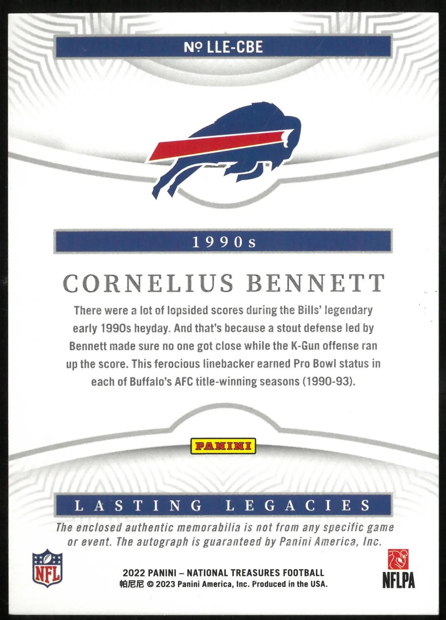 2022 National Treasures Football Cornelius Bennett Lasting Legacies Patch Auto /99 