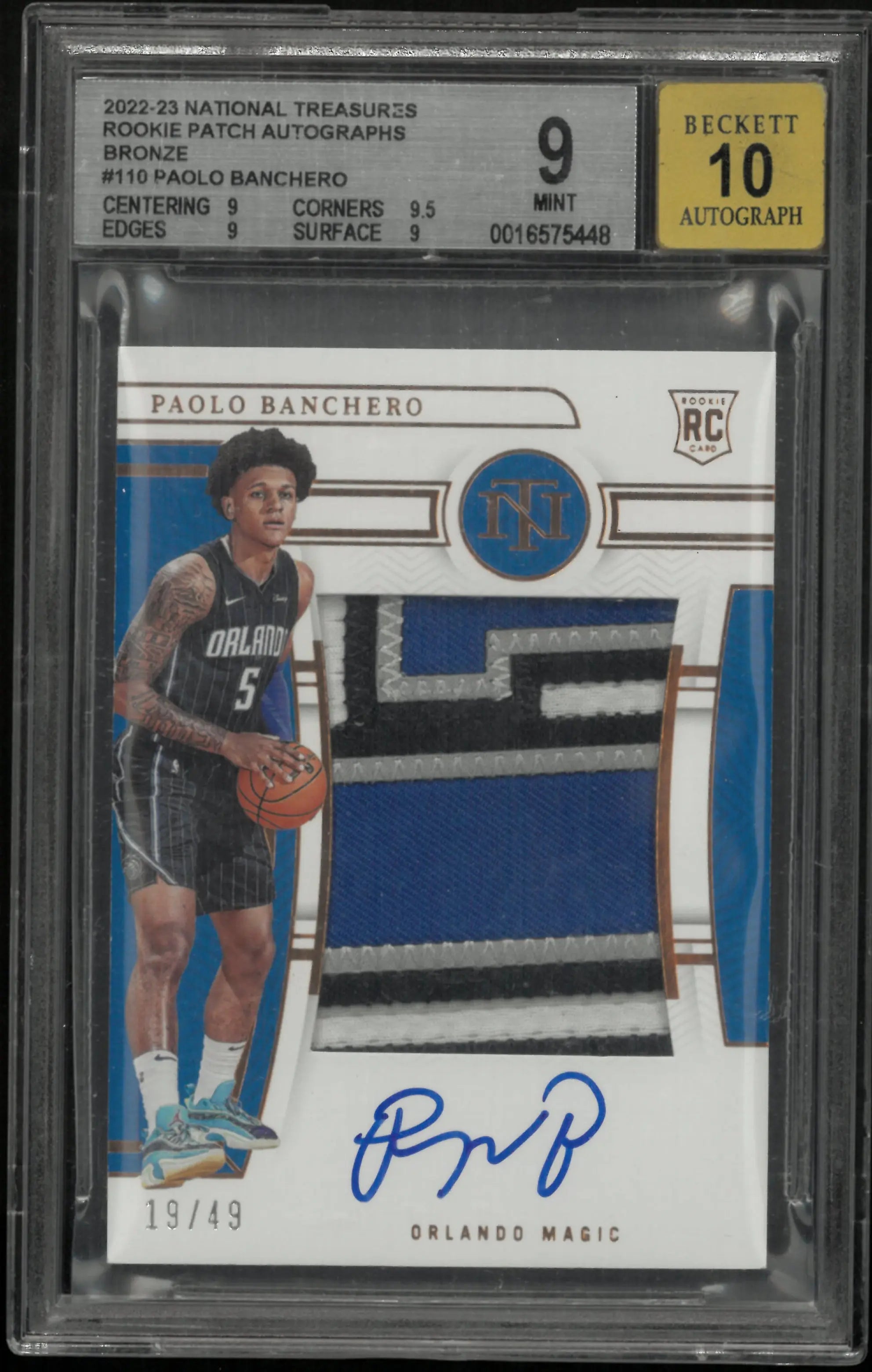 2022 National Treasures RC Patch Auto Bronze Paolo Banchero BGS 9 Auto 10 /49 