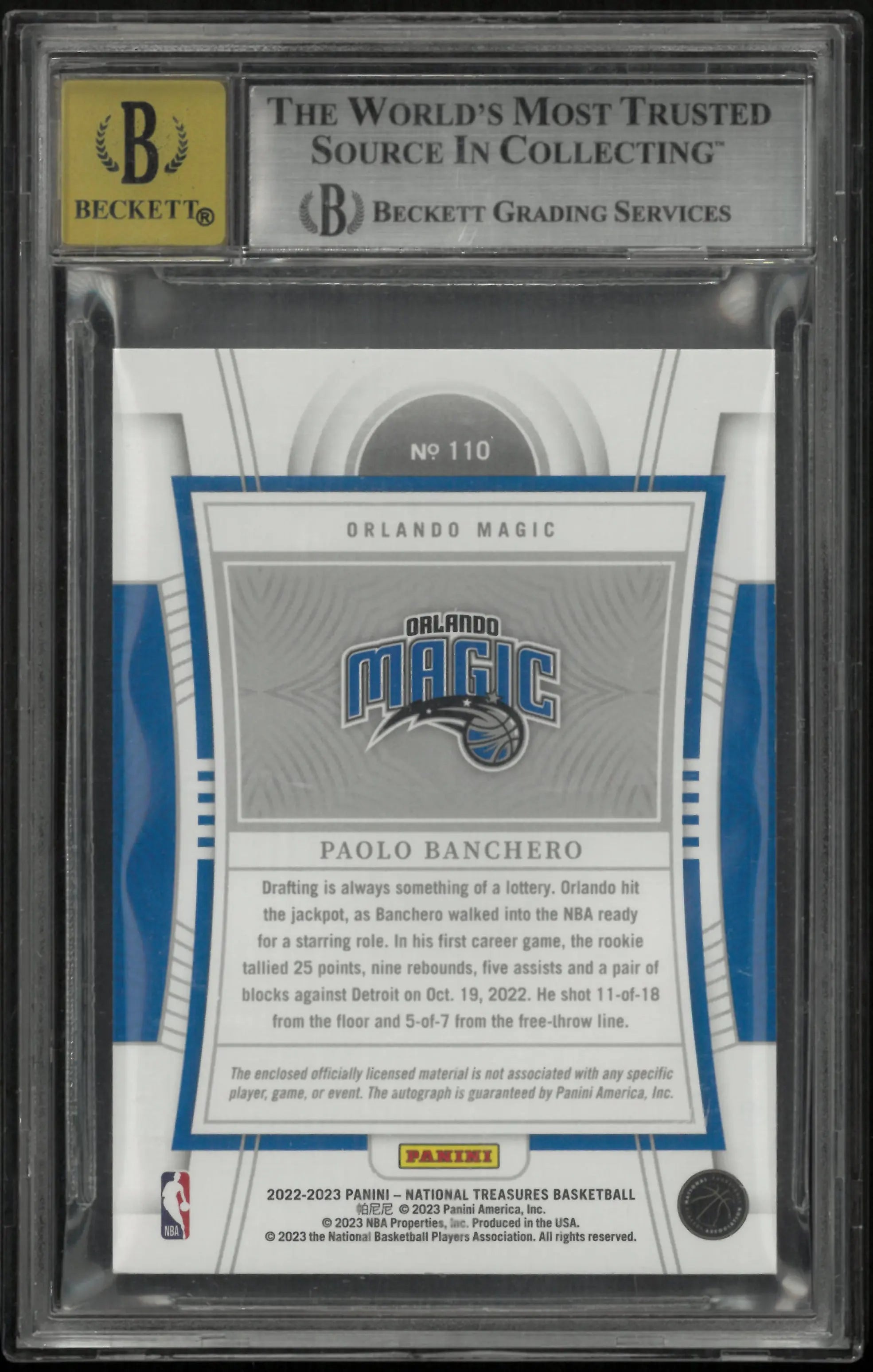 2022 National Treasures RC Patch Auto Bronze Paolo Banchero BGS 9 Auto 10 /49 