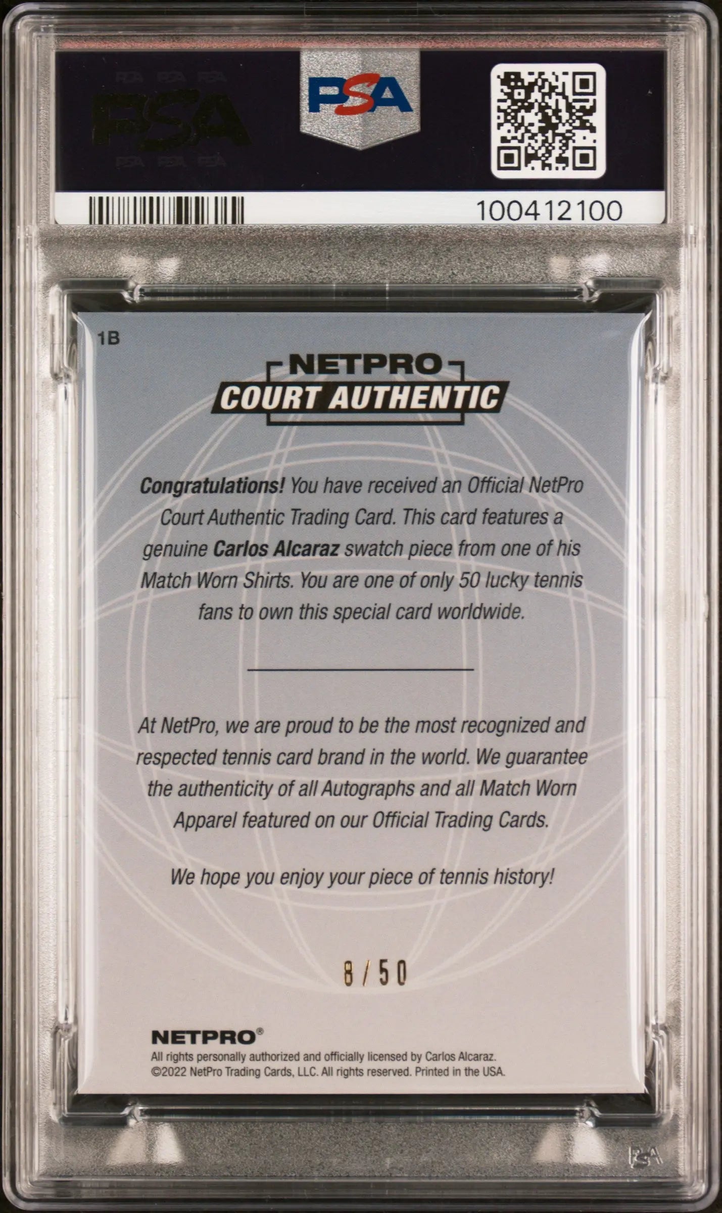 2022 Netpro International Series '03 Retro Carlos Alcaraz Dual Patch PSA 8 /50 