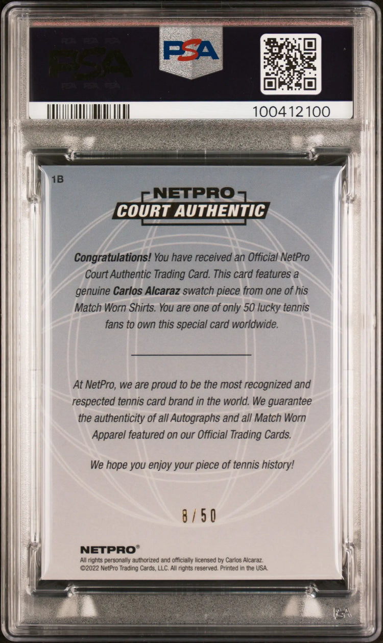 2022 Netpro International Series '03 Retro Carlos Alcaraz Dual Patch PSA 8 /50 
