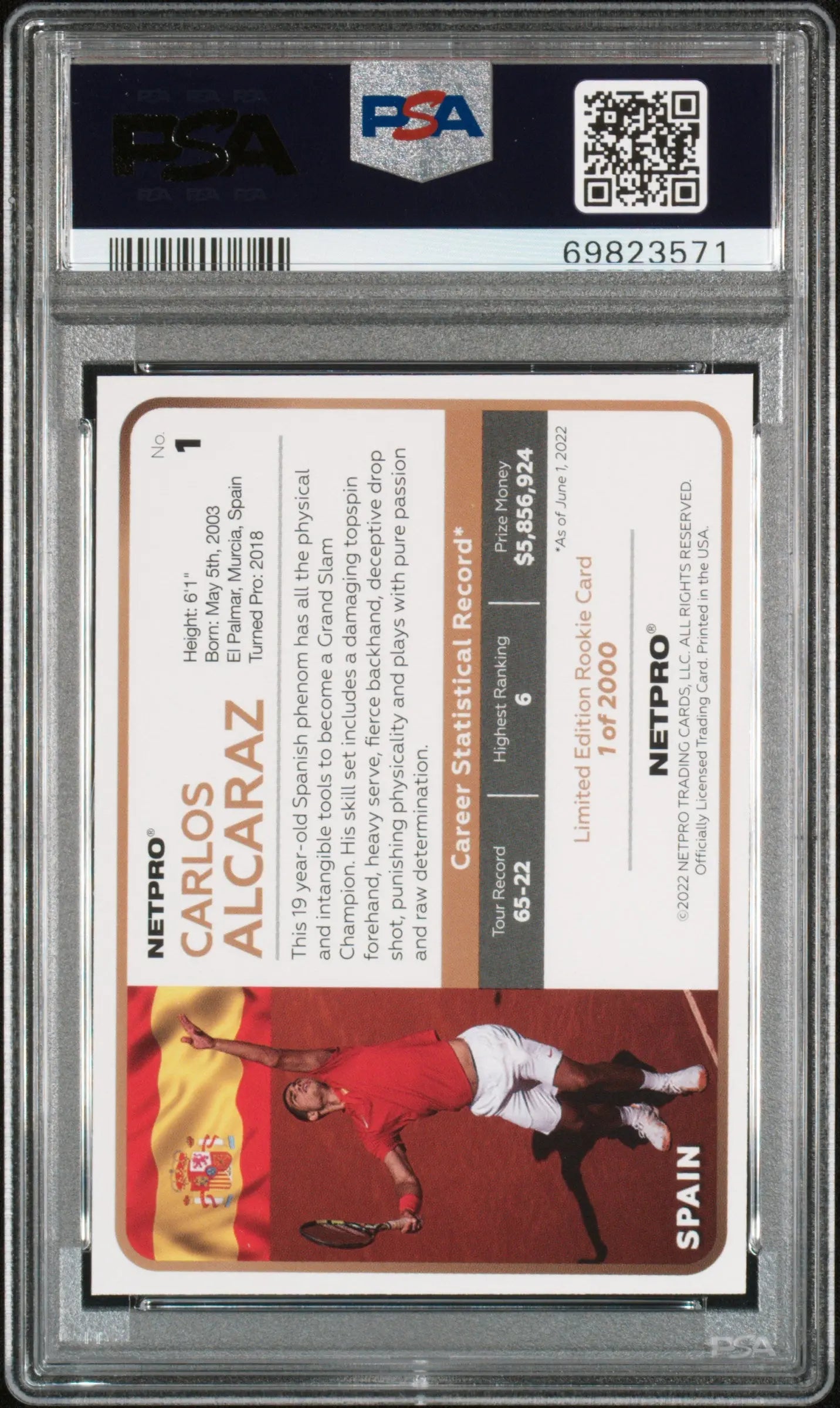 2022 Netpro Tennis Carlos Alcaraz #1 Green Shirt PSA 10 