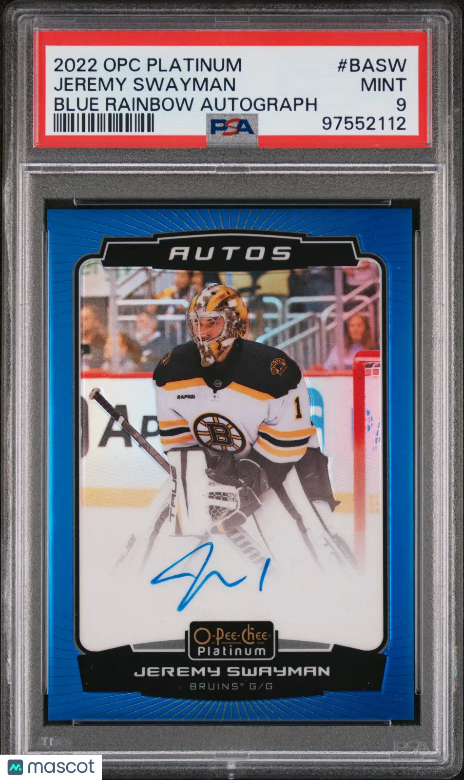 2022 O-Pee-Chee Platinum Blue Rainbow Auto Jeremy Swayman PSA 9 #BA-SW 
