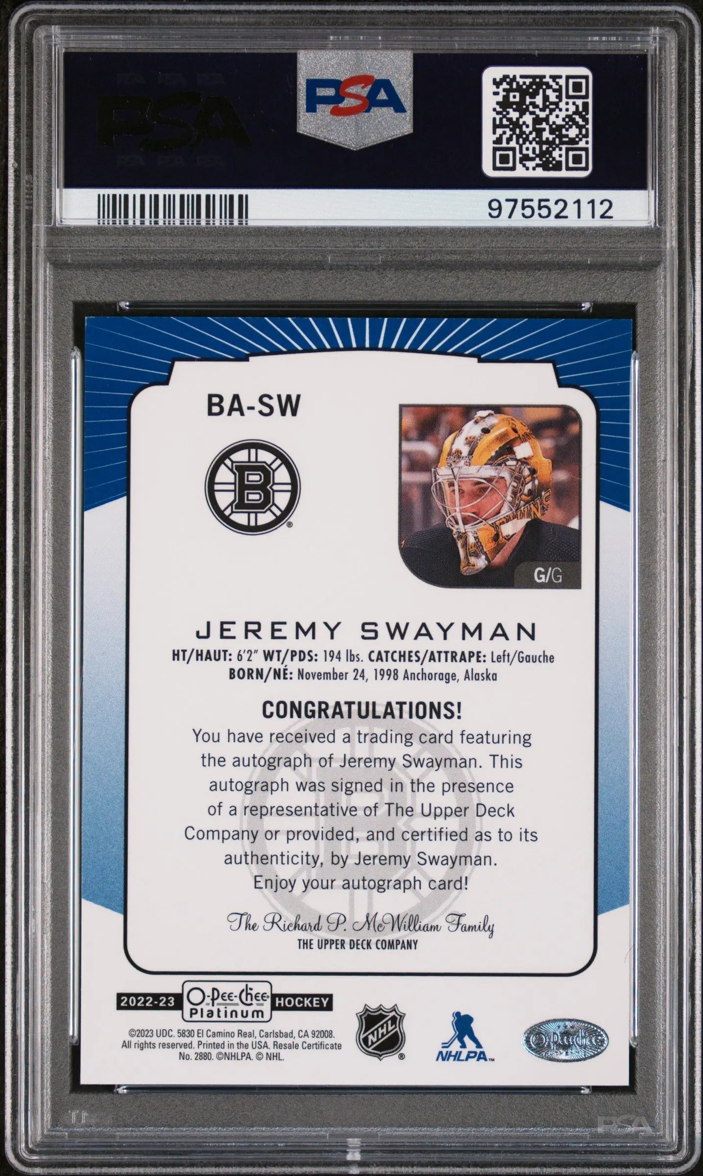 2022 O-Pee-Chee Platinum Blue Rainbow Auto Jeremy Swayman PSA 9 #BA-SW 