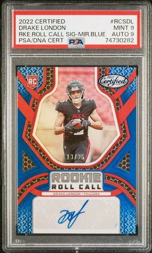 2022 Panini Certified Rookie Roll Call Auto Drake London Mirror Blue /25 PSA 9 