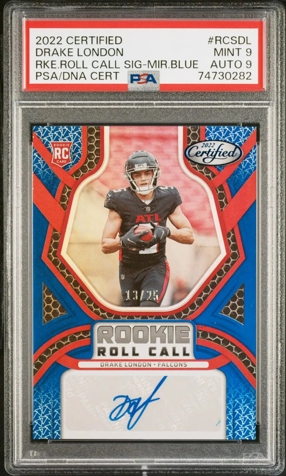 2022 Panini Certified Rookie Roll Call Auto Drake London Mirror Blue /25 PSA 9 