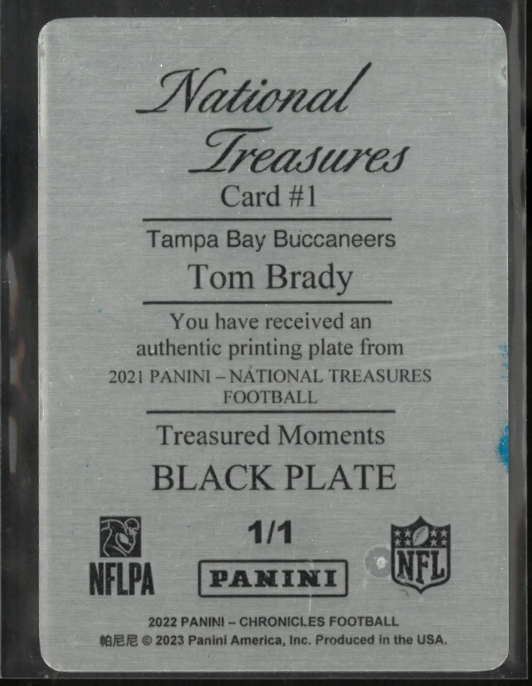 2022 Panini Chronicles National Treasure Tom Brady Treasure Moments Black Plate 1/1 