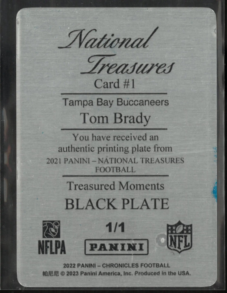 2022 Panini Chronicles National Treasure Tom Brady Treasure Moments Black Plate 1/1 