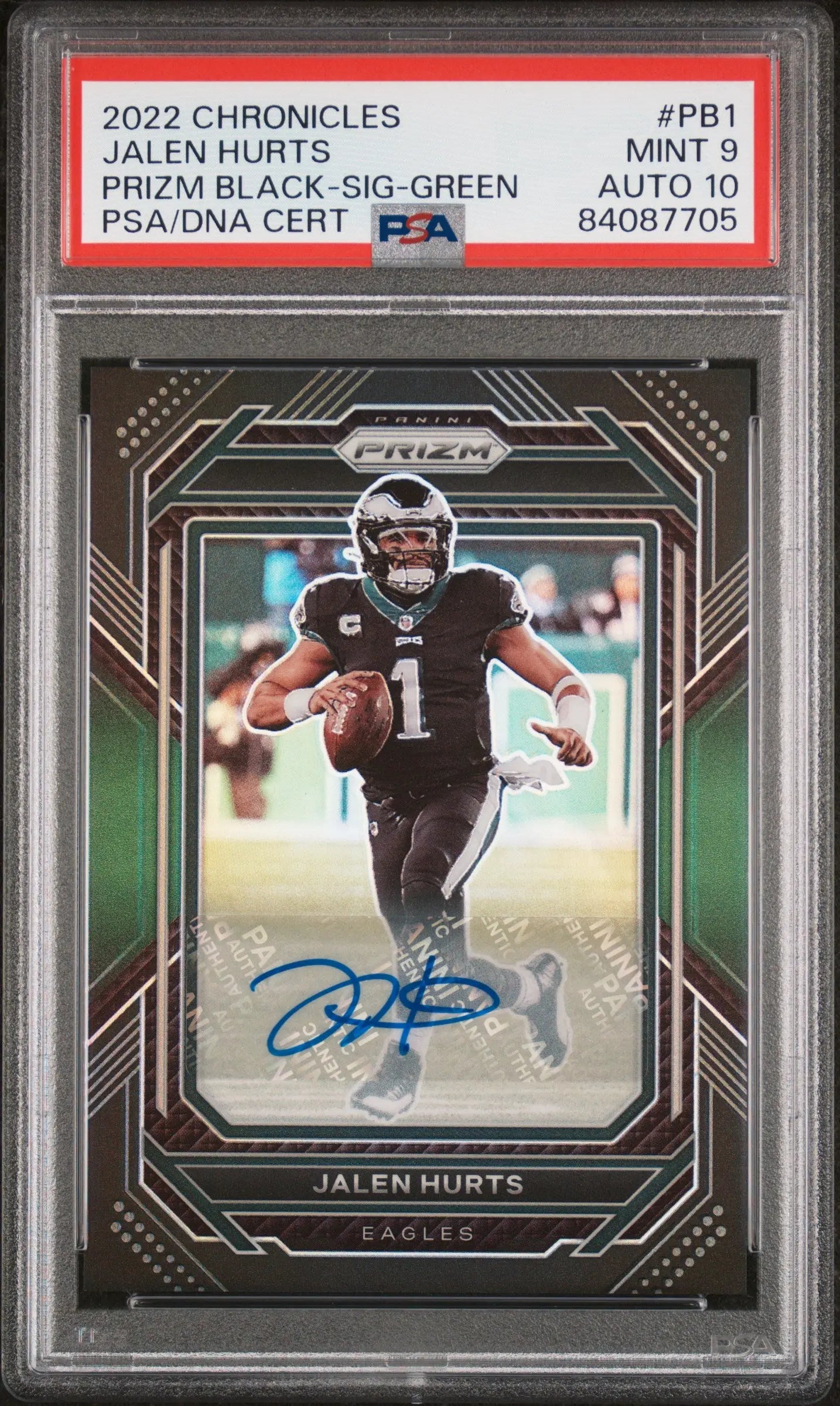 2022 Panini Chronicles Prizm Autograph Jalen Hurts Auto Green /49 PSA 9 Auto 10 