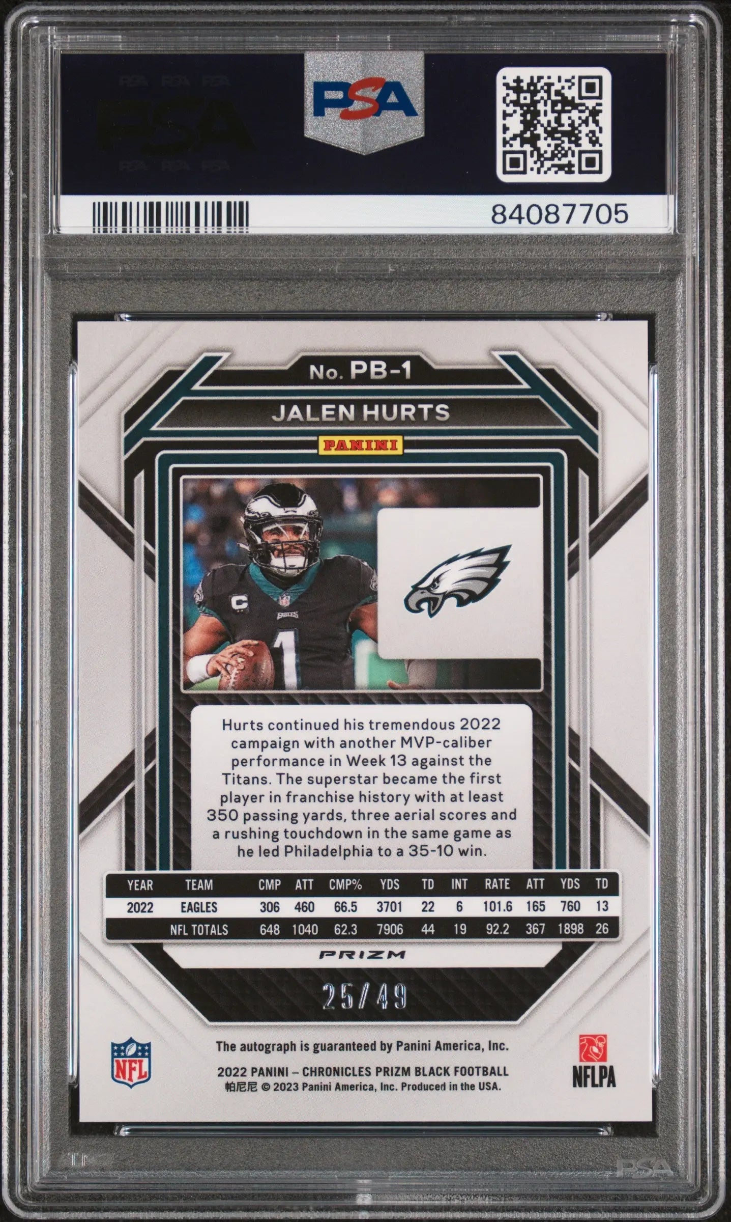 2022 Panini Chronicles Prizm Autograph Jalen Hurts Auto Green /49 PSA 9 Auto 10 