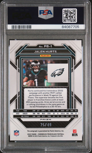 2022 Panini Chronicles Prizm Autograph Jalen Hurts Auto Green /49 PSA 9 Auto 10 