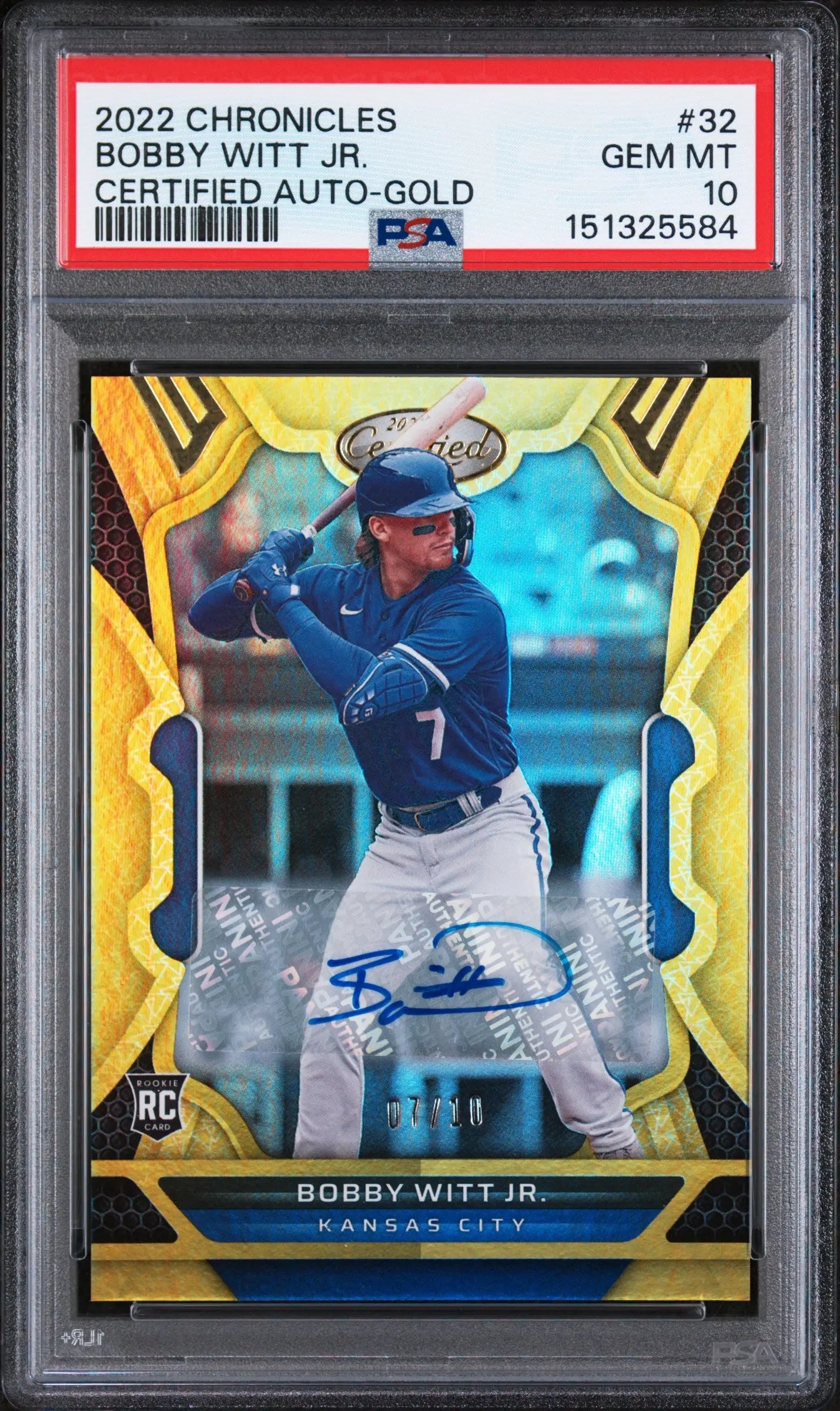 2022 Panini Chronicles Rookie Autograph Bobby Witt JR Auto Gold JSY # /10 PSA 10 