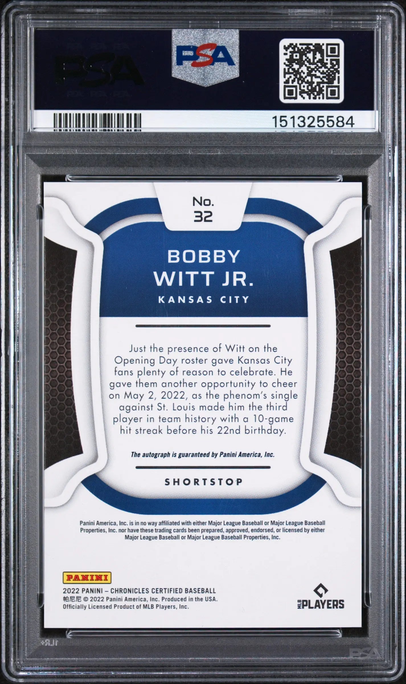 2022 Panini Chronicles Rookie Autograph Bobby Witt JR Auto Gold JSY # /10 PSA 10 