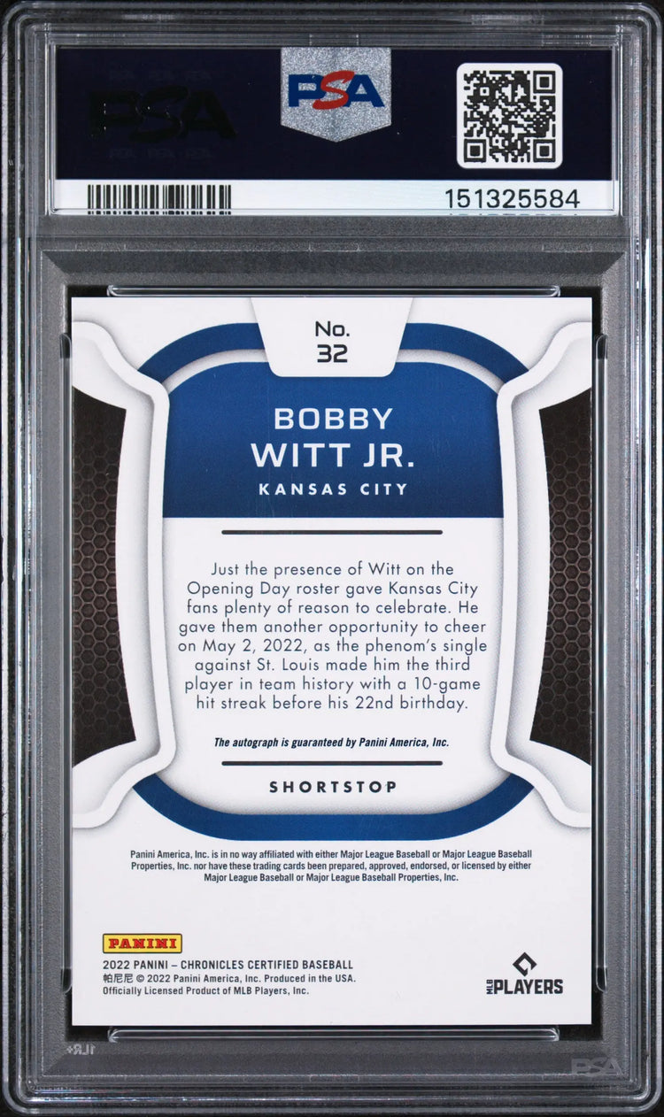 2022 Panini Chronicles Rookie Autograph Bobby Witt JR Auto Gold JSY # /10 PSA 10 