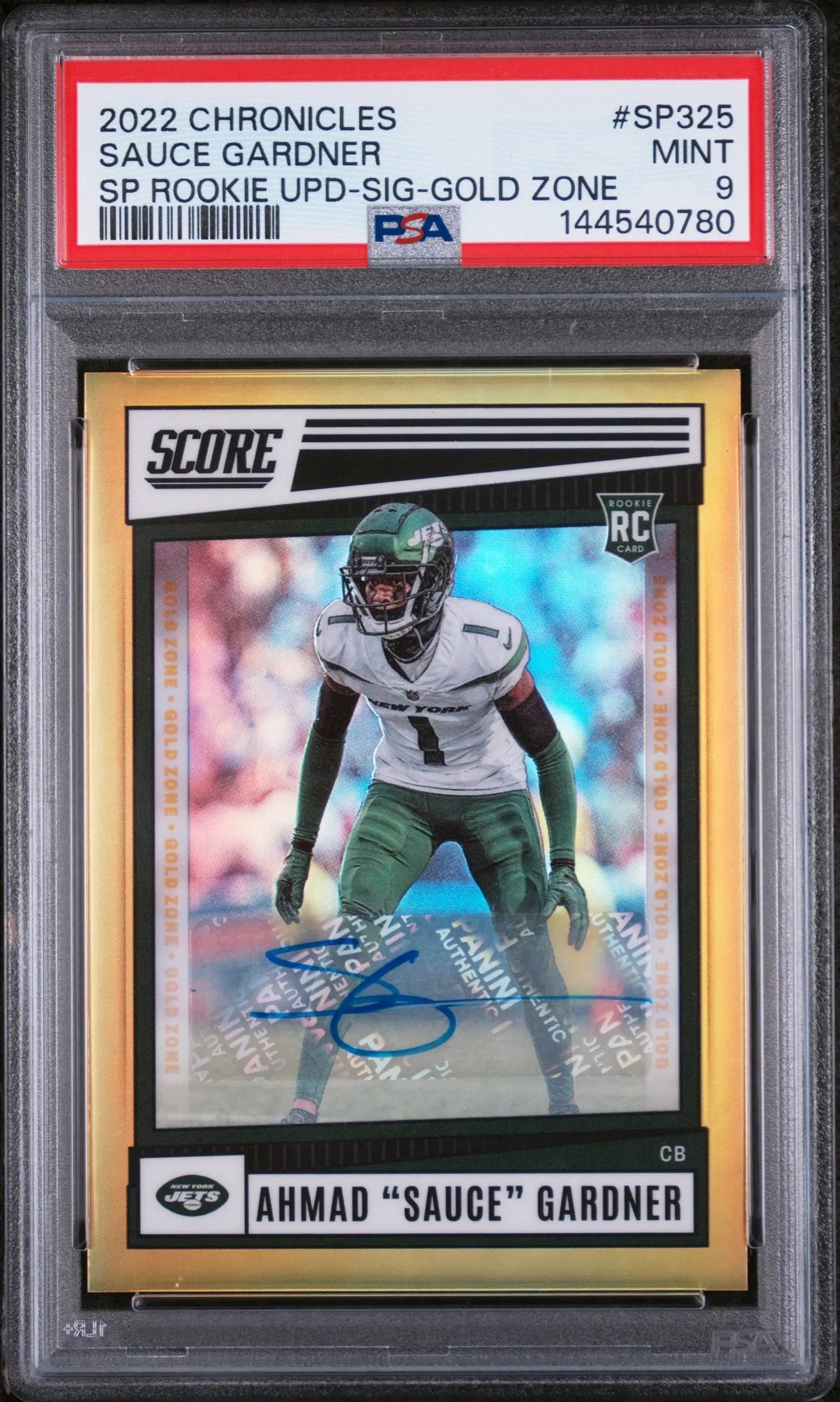 2022 Panini Chronicles Score Gold Zone Rookie Auto Sauce Gardner /50 PSA 9 